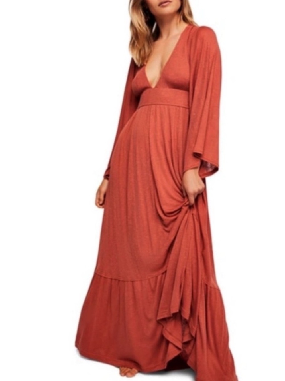 Free People Rust Maxi Dress with Plunging V and Bell Sleeves